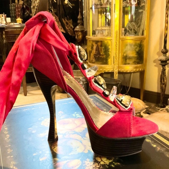 NEW IN BOX Bebe Platform JEWELS ! Ribbons Shoes w Stiletto Heels 8.5 RED LEATHER - Picture 6 of 9